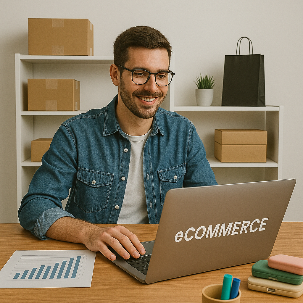 Hombre joven con gafas y barba sonríe mientras trabaja en su laptop con la palabra "eCommerce", rodeado de cajas de cartón y artículos de oficina